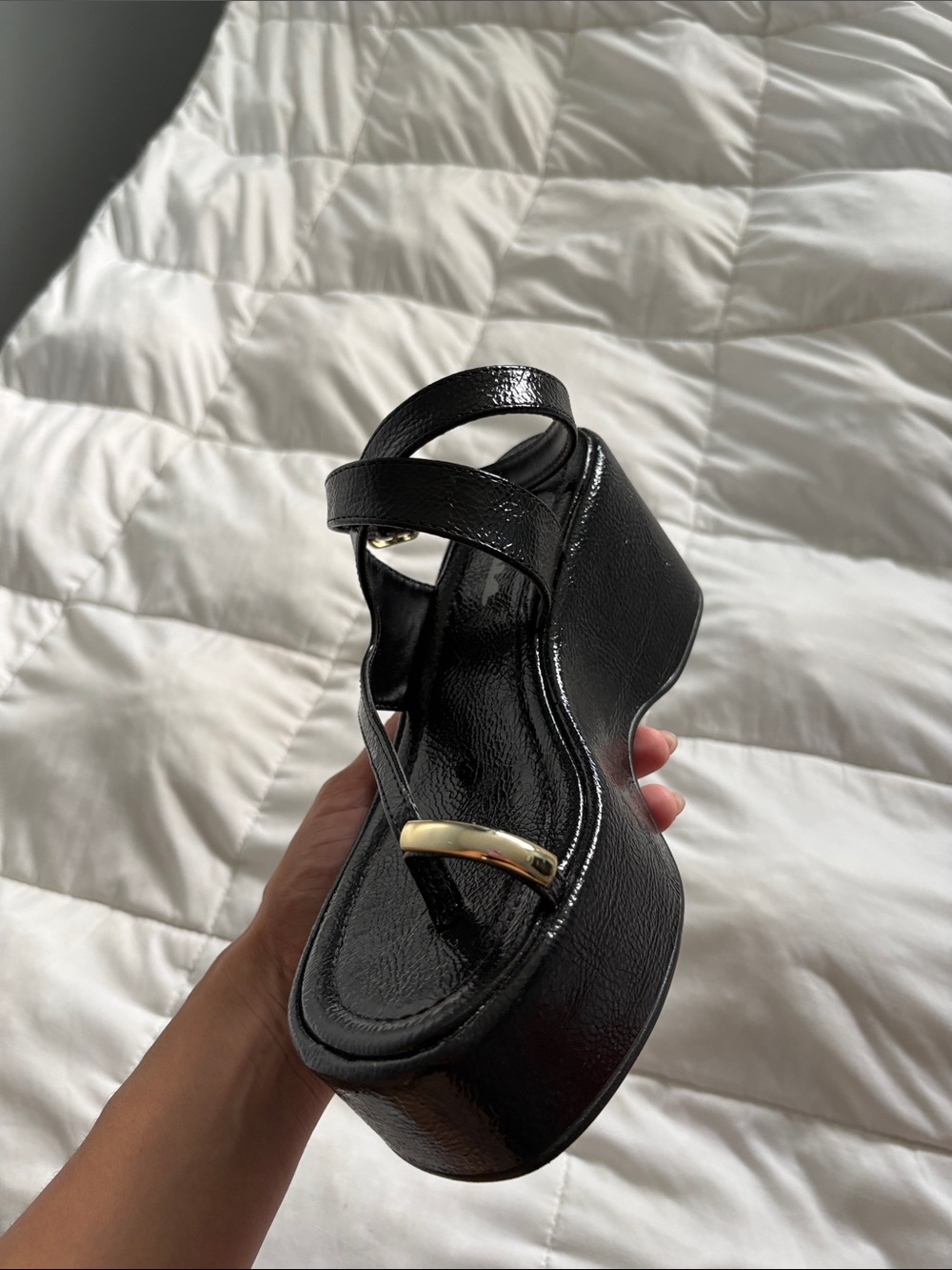 Patent Black Platform Sandal with Gold Accent